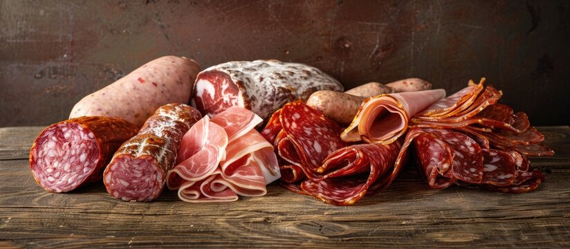 An arrangement of fresh deli meats like salami prosciutto sausage and coppa on a rustic tabletop perfect as a snack with copy space in the image