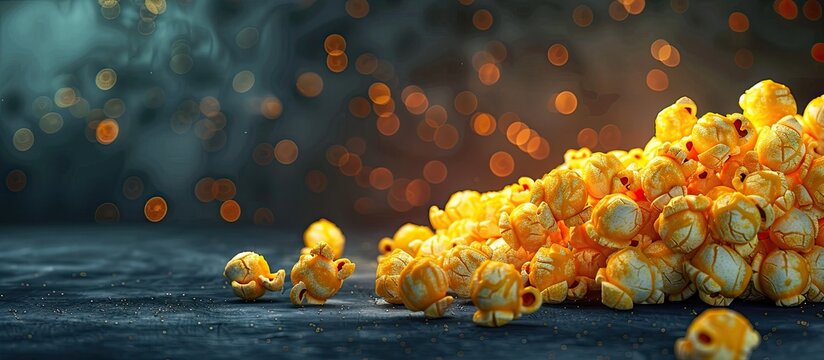 Cheese and caramel popcorn a delectable snack for a movie night displayed on a background fitting the cinema and entertainment theme with room for text in the image. Copy space image