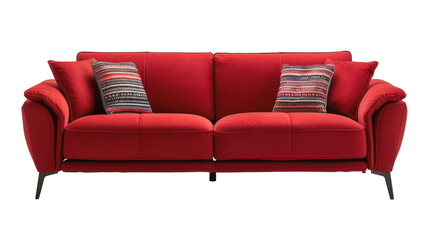 Obraz premium A modern red sofa with two striped pattern cushions against a plain white background.