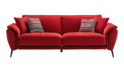 A modern red sofa with two striped pattern cushions against a plain white background.