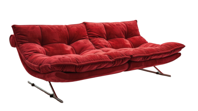 A plush, red, modern loveseat with sleek metal legs on a white background. Perfect for stylish and contemporary living spaces.