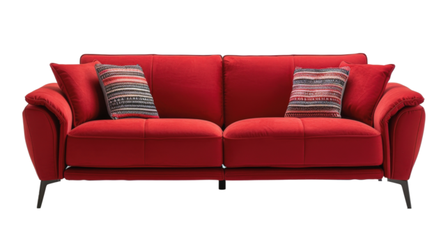 A modern red sofa with two striped pattern cushions against a plain white background.