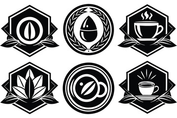 Black and White Coffee Bean and Cup Icons with Leaf Designs