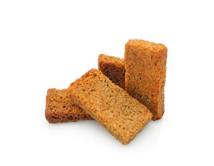 Rye croutons isolated on white background, homemade brown bread rusks, roasted salted snack   