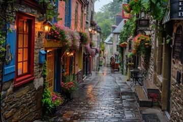 Fototapeta premium A narrow, cobblestone street in Old Quebec City lined with colorful buildings and vibrant flowers