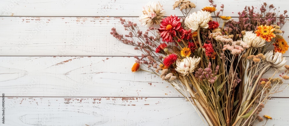 Sticker Dry flowers arranged in a bouquet on a vintage white wooden surface provide a lovely copy space image