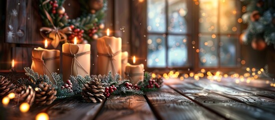 Prepare for Christmas with a rustic advent calendar featuring candles and eco friendly sustainable decor Ideal for a greeting card design with a winter cozy theme and space for text or images