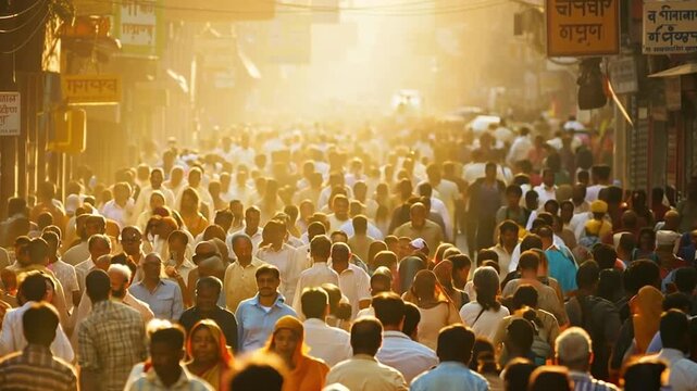 Crowd of people walking city street