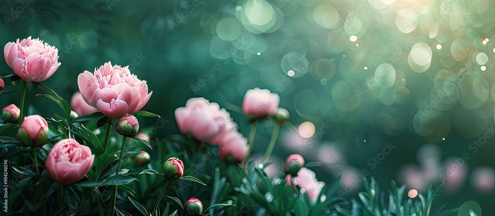 Poster A vibrant shot showcasing pink peonies in full bloom with peony buds set against a lush green backdrop creating a beautiful bokeh effect in a garden setting with copy space image potential