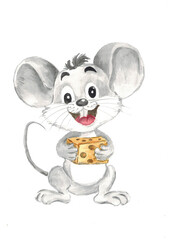 A mouse with cheese. Child. A cartoon character. Watercolor illustration. Isolated. A hand-drawn drawing. Clipart