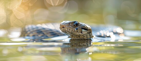 Close up view of a non venomous water snake gliding slowly in shallow water with its head above the surface on a sunny summer day featuring copy space image