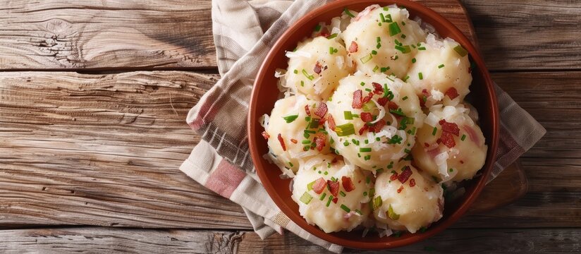Top view of Slovak potato dumplings halusky served with steamed sauerkraut and bacon on a wooden table with copy space for adding text or images