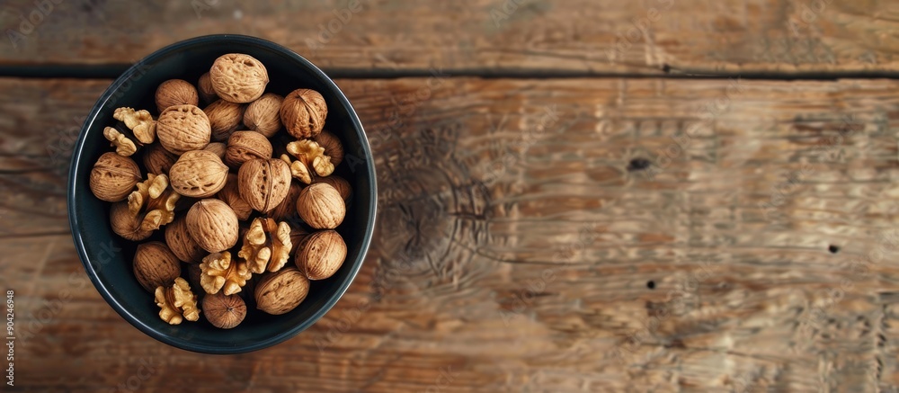 Canvas Prints Top view of a bowl filled with walnuts on a wooden surface creating a rustic setting perfect for adding text with copy space image