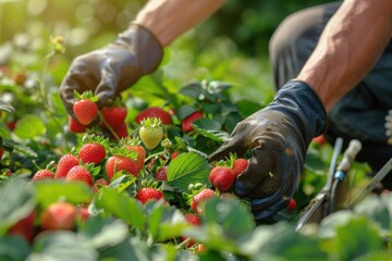 Fototapeta premium A farmers gloved hands pick ripe red strawberries from a lush garden on a sunny day