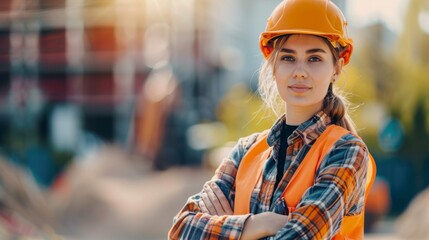 A beautiful woman worker wearing a hat to prevent accidents, standing with her arms crossed, confident in the construction