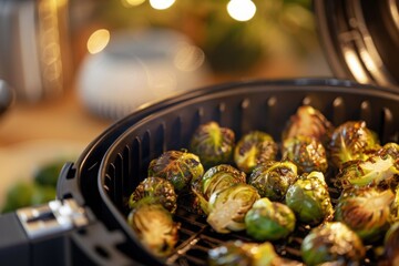 Roasted Brussels Sprouts in Air Fryer with Warm Lighting