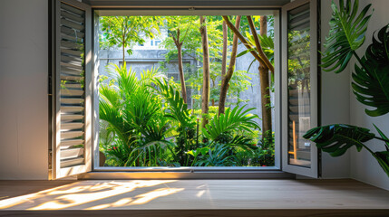 An open window reveals a lush, green garden with various plants and trees, allowing natural sunlight to flood the serene indoor space.