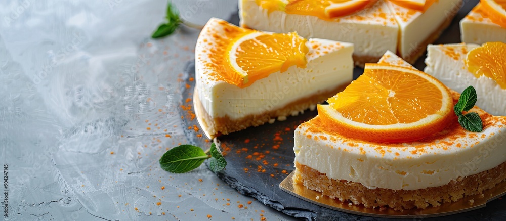 Wall mural A close up of a sliced orange cheesecake garnished with fresh orange fruit displayed in a photo with an emphasis on copy space image