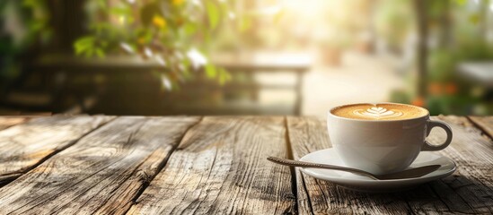 Fototapeta premium Latte art adorned hot coffee cup served in a cafe on a rustic wooden table accompanied by a spoon Background intentionally blurred with copy space image for text