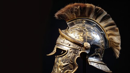 A striking Roman legionary helmet adorned with a plume of horsehair showcases intricate designs and craftsmanship reflecting ancient military attire