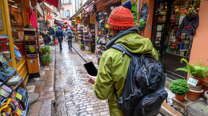 A traveler explores a vibrant market, surrounded by colorful shops and unique goods, capturing memories on a digital device.