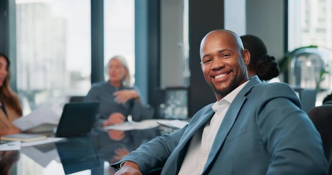 Face, corporate and happy man in office meeting for business career, job or coworking. Portrait, leader and employee with team at table for planning budget with payroll manager in conference room