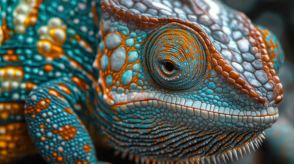 Fototapeta premium Close-up of a vibrant blue and orange chameleon's eye. ..