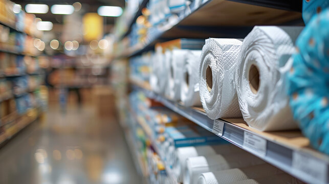 A store aisle filled with various rolls of paper towels neatly organized and displayed on shelves, ready for customers to purchase.