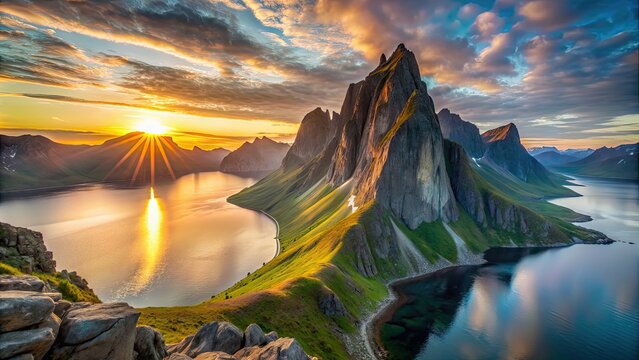 Arctic midnight sun illuminating Segla mountain on Senja island, Norway, Arctic