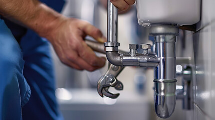 A plumber tightening pipes under a sink, using a wrench, ensuring proper installation and preventing leaks in a bathroom setting.
