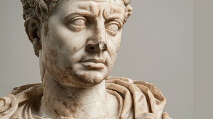 Fototapeta premium This Roman marble bust captures an emperor's commanding visage, showcasing intricate details and historical significance in a museum setting