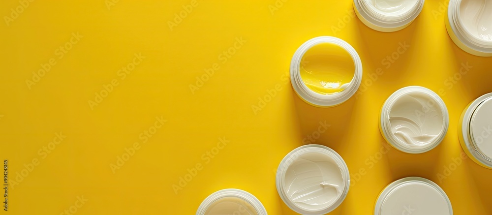 Wall mural Top view of face cream samples on a yellow background with copy space image available