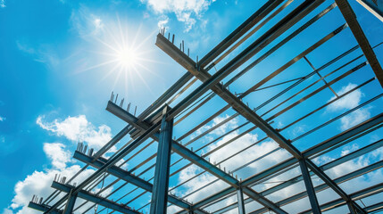 Steel Frame of Building Under Construction Against Blue Sky