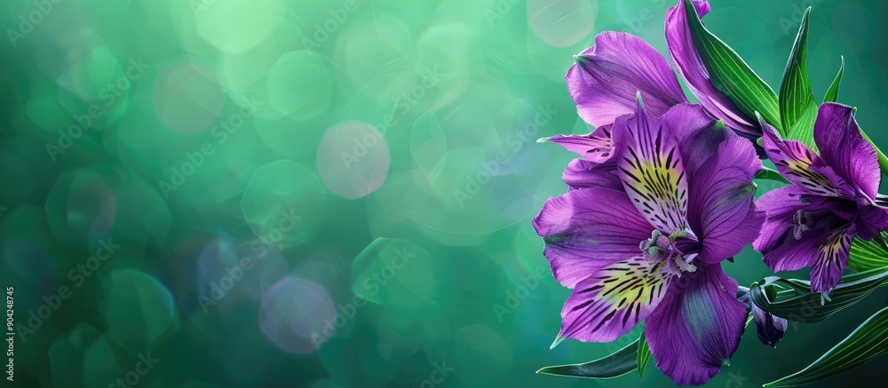 Poster Violet alstroemeria flower on green backdrop with copy space image