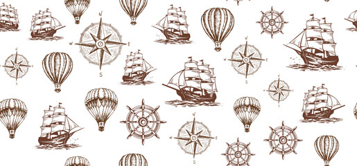 Ship steering wheel, wind rose, Vintage sailing yachts, vector.	