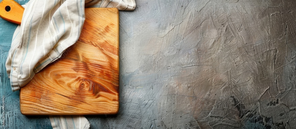 Poster top view of cutting board with napkin on color background with empty space for writing image or text