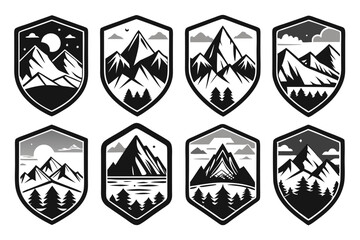 Black and White Mountain Range and Forest Illustrations in Shield Shapes
