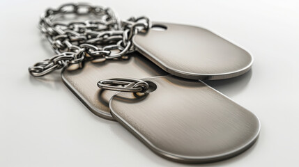 A set of metallic military dog tags on a chain, resting against a white background, symbolizing identification and service.