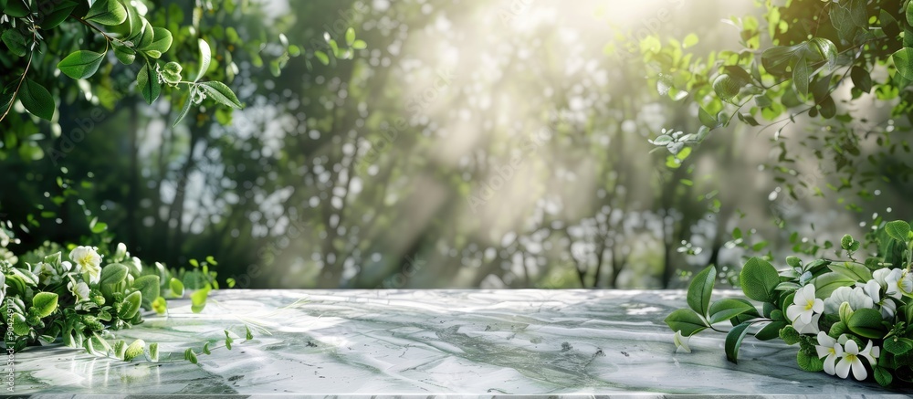 Poster Elegant nature display background with a marble top and a lush green floral garden or forest in selective focus for a copy space image