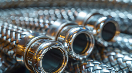 Obraz premium Close-up image of several metallic, braided hoses with shiny fittings, likely used in plumbing or industrial applications, showcasing their durable construction and precision engineering.