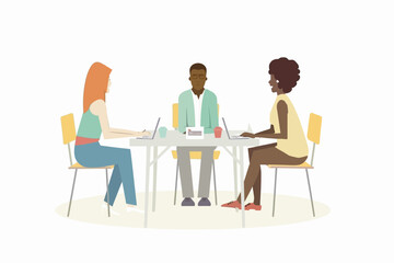 Collaborative Brainstorming:  A diverse team of three individuals gather around a table, laptops open, engaging in a productive brainstorming session. Their focused expressions suggest a dynamic and c