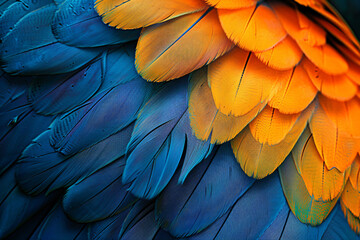 Obraz premium Beautiful background of colorful feathers in blue and yellow colors on a dark black, orange background.