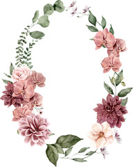 Watercolor Wreath with Dahlia, Orchid and Leaves