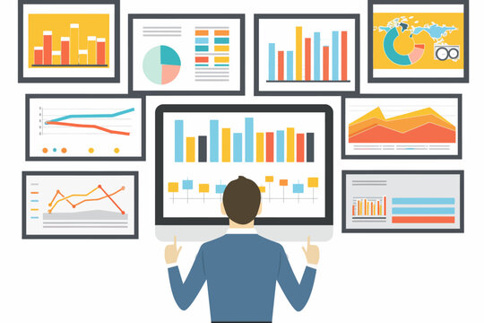 Mastering the Data Deluge: A businessman immersed in an array of vibrant charts and graphs, symbolizing data analysis, market research, and strategic decision-making in the digital age.
