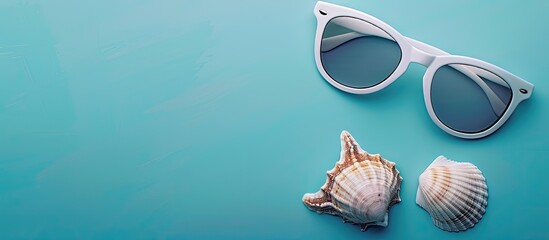 Obraz premium Summer themed sunglasses resting on a table surface with a seashell providing a serene setting with a top down view for a copy space image