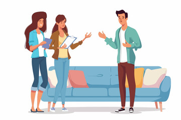 Obraz premium The Interview: A young man stands confidently, facing two women holding clipboards. The relaxed atmosphere of the living room suggests a casual interview, brimming with potential.