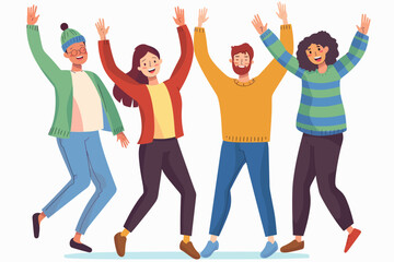 Obraz premium Joyful Celebration: A vibrant group of friends jump for joy, their hands raised in celebration, showcasing diversity and camaraderie in a flat design style. 