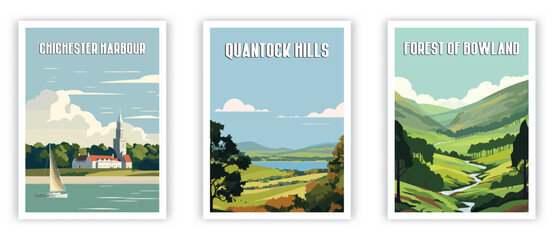 Chichester Harbour, Quantock Hills, Forest of Bowland Illustration Art. Travel Poster Wall Art. Minimalist Vector art