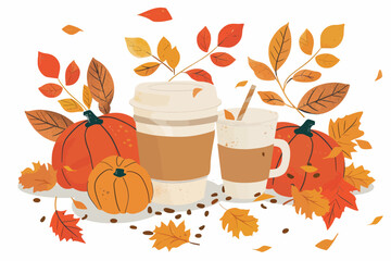 Autumn Coffee Delight: Embrace the cozy vibes of fall with this inviting illustration of pumpkin spice lattes nestled amongst pumpkins and colorful autumn leaves.  