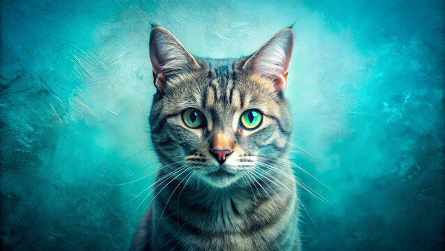 A tabby cat with piercing green eyes stares directly ahead, set against a vibrant blue background. The detailed fur and striking contrast give the scene a sense of depth and focus with copy space.AI 